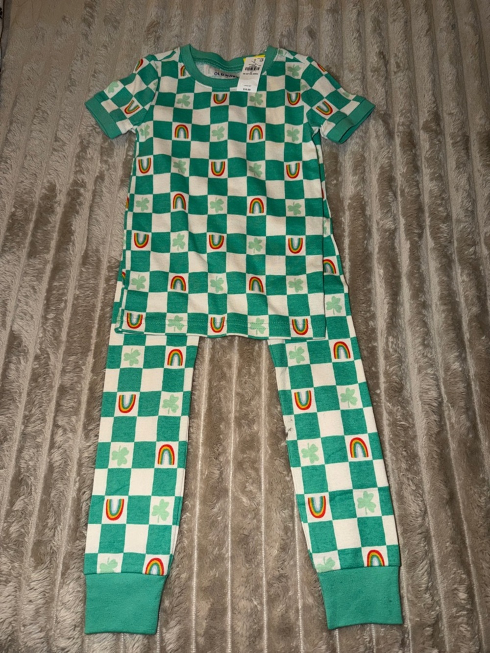 Old Navy Green and White Checkerboard PJ Top with Rainbows